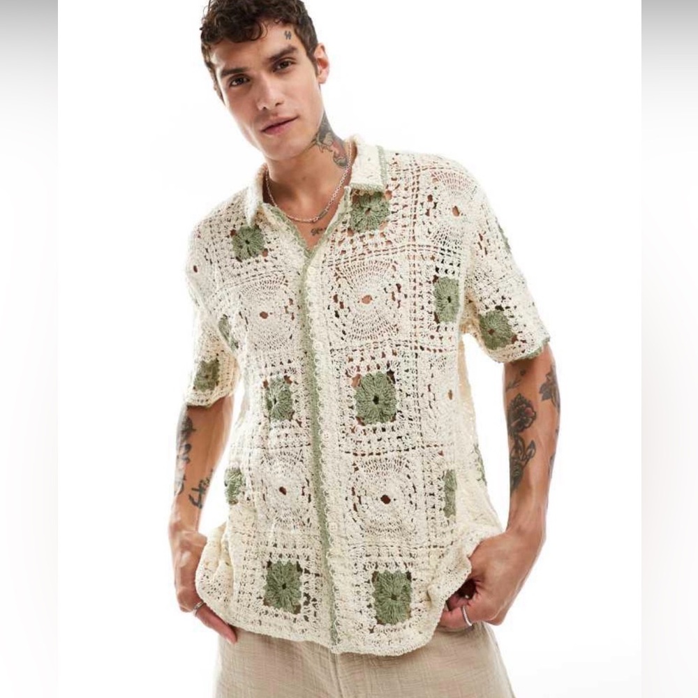 Bershka Men's Crochet Button Down Shirt in Beige and Green